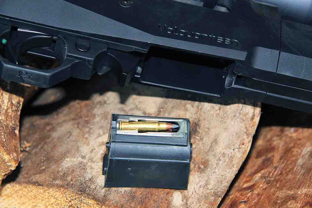 The Volquartsen VT2 Takedown Rifle feeds from a quality nine-shot Ruger 17/77 rotary magazine. Patrick experienced zero jams or stoppages while shooting hundreds of rounds of different ammunition.